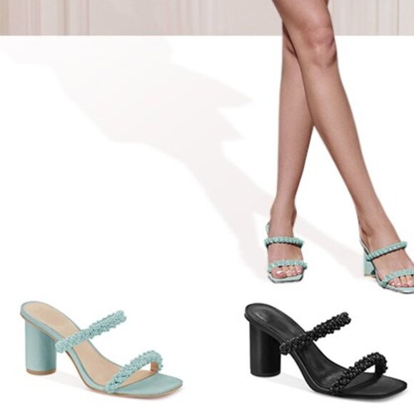 WOMENS CHUNKY HEELED SANDALS IN LIGHT BLUE WITH PEARLS SIZE 6M NEW IN BOX - Picture 4 of 4